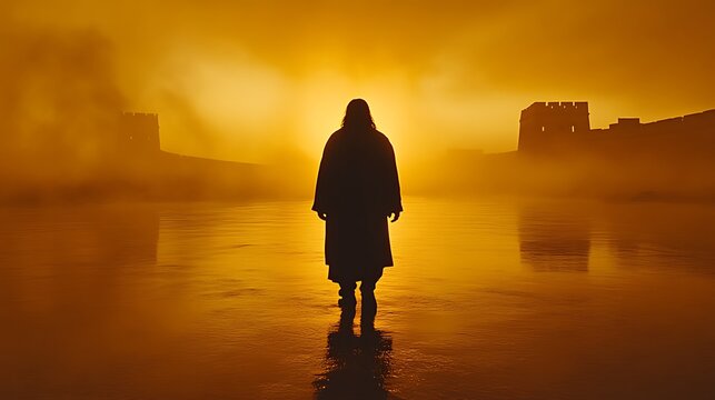 Silhouette of a hooded figure at sunrise over a misty river, reflecting ancient ruins - Powered by Adobe