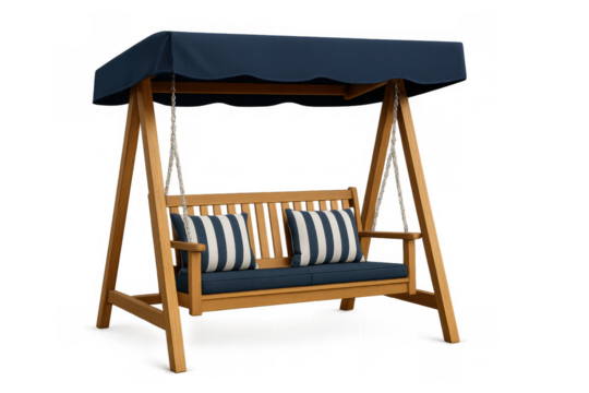 Wooden outdoor garden swing with blue canopy, cushioned seat, and striped pillows, providing comfort on a transparent background