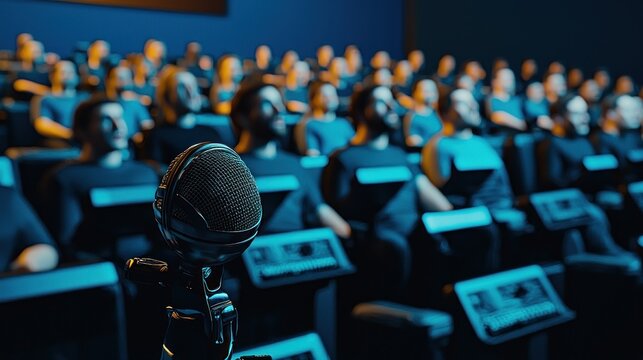 A professional microphone stands ready on stage, poised for a captivating presentation or keynote speech, with a blurred, expectant audience in a blue-lit auditorium setting