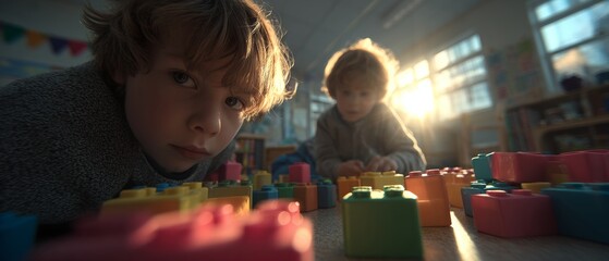 Learning together: teamwork in a multiethnic group of young learners. Surreal portraits. Connecting through play: a multiethnic group of friends in a classroom. Vibrant expression.