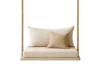 Outdoor swing sofa with cushions and ropes, comfortable leisure furniture hanging for relaxation, transparent background