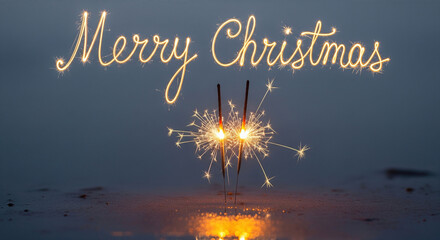Sparklers ignite in the dark, spelling "Merry Christmas". A festive still life capturing the essence of holiday cheer. Celebration time, magical moment, holiday spirit.