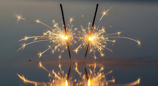 Two sparklers burning brightly with reflections. A festive, close-up capture of celebration and light. Holiday cheer, new year's eve, party celebration. - Powered by Adobe
