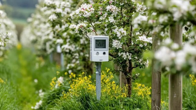 Closeup medium shot of sensors on an orchard weather station monitoring wind speed and direction set against a backdrop of blooming orchard rows.