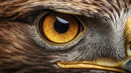 Close up of a raptor's focused eye, highlighting keen eyesight and the texture of its brown and grey plumage