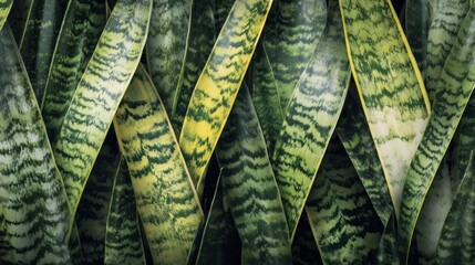 Obraz premium Snake plant leaves forming a natural pattern and texture, vibrant green and yellow foliage background