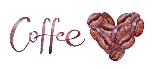 Obraz premium Watercolor heart of brown coffee bean and lettering isolated on white background. Aroma caffeine ingredient for hot drink beverage. Clipart design for sticker. Kitchen or cafe wallpaper or wrapping