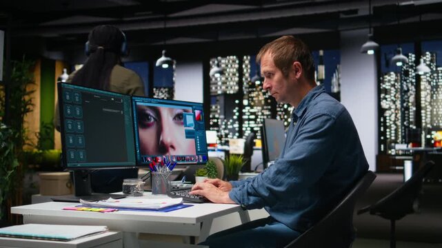 Media editor using AI program turning text prompt into photos, retouching technique. Graphic designer text to image artificial intelligence generator transforming words into pictures. Camera A.