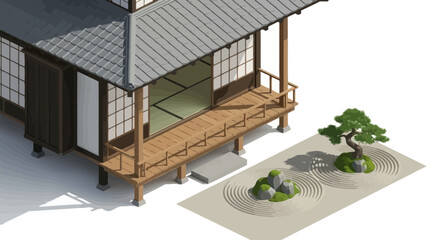 Fototapeta premium Tranquil japanese house with zen garden, embodying peace and harmony