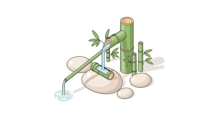 Tranquil Bamboo Fountain with Stones, Minimalist Asian-Inspired Illustration