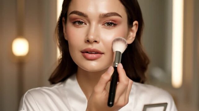 Applying Makeup with Brush and Compact for a Radiant Look.