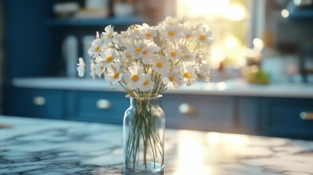 White daisies in a glass vase on a marble counter, blurred kitchen background, warm light