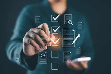 Business checklist concept with digital check marks and documents, symbolizing task management, compliance, productivity, process efficiency, organization, and corporate planning.