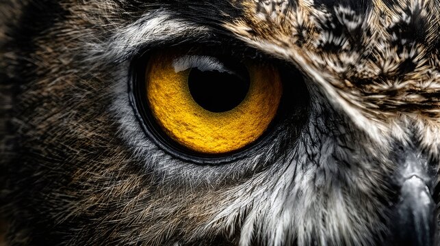 Owl eye looking, a predatory animal with sharp vision and detailed textured feathers. Wildlife bird macro shot