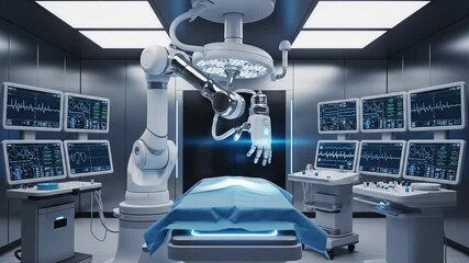Modern Surgical Suite Featuring Robotic Arm Technology With Monitors and Blue Lighting - Powered by Adobe