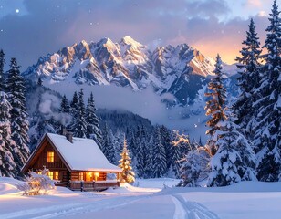 Fototapeta premium A cozy winter cabin scene with snow-covered mountains