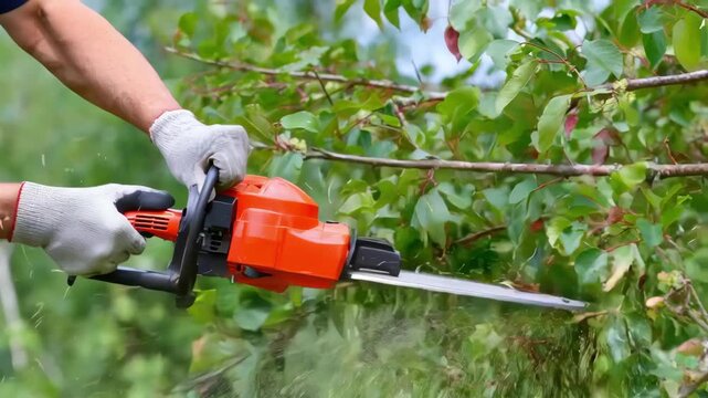Closeup medium shot of an arborist operating an electric pruning tool trimming dense branches for optimal tree health maintenance.
