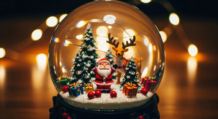 Santa Claus in snow globe with Christmas tree and reindeer. A festive close-up shot filled with magic and wonder. Holiday spirit, festive season, childhood memories.
