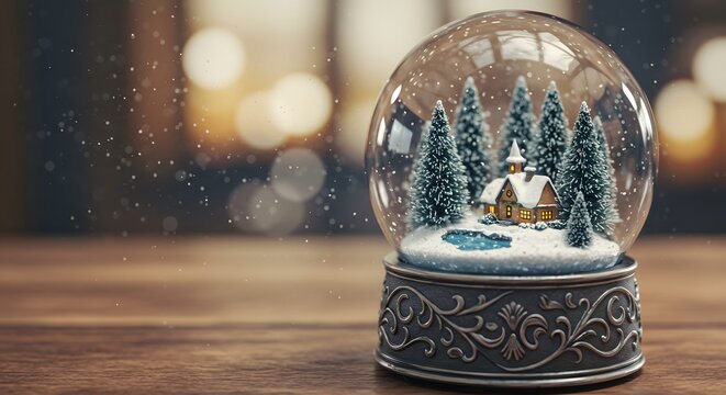 Enchanting Winter Scene Snow Globe with Cozy Cottage and Falling Snow.