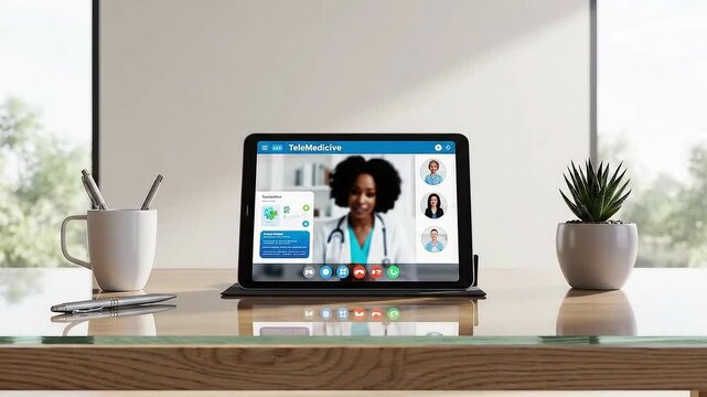 Telemedicine Consultation Video On Tablet At Desk With Doctor and Patients Inside With Green Medical Icons