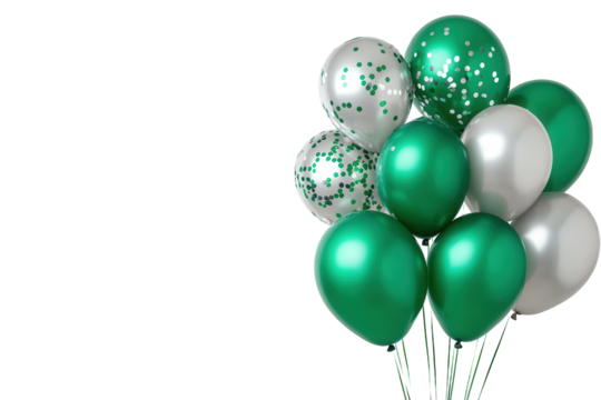 Festive bunch of green and silver balloons isolated on transparent background, perfect for celebrations, parties, and adding a touch of elegance to any special occasion