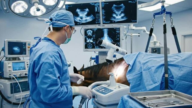 Veterinary Surgeon Performing Medical Procedure on Horse Using Advanced Surgical Equipment and Monitors