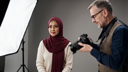 Professional photographer capturing portrait of a woman in studio setting.