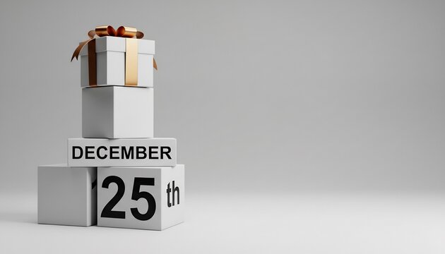 Minimalist white block calendar showing the date December 25th, stacked with an elegant gift box with a gold ribbon, symbolizing the Christmas holiday