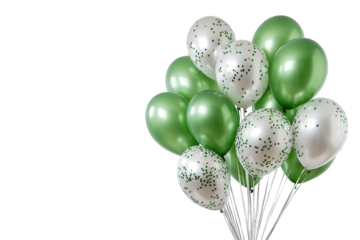 A cheerful display of green and silver balloons isolated on transparent background, ideal for parties, celebrations, and adding a touch of whimsy to any event