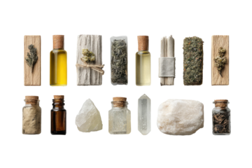 Natural items herbs, oils, crystals, top-down on black