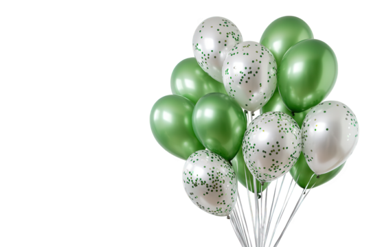 A cheerful display of green and silver balloons isolated on transparent background, ideal for parties, celebrations, and adding a touch of whimsy to any event
