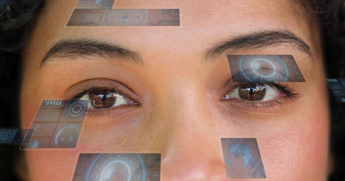 Gazing adult woman in studio closeup, displaying holo tiles, circular HUD and corneal reflections