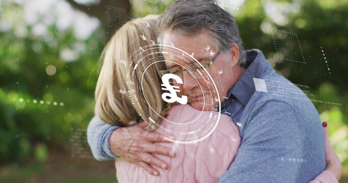 Embracing couple holding in garden, wearing blue pullover, pink knit sweater, glasses, pound HUD