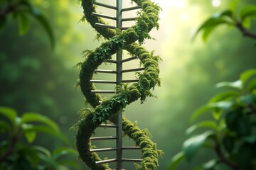 DNA helix entwined with moss in lush green forest, sunlight filtering through leaves. Nature meets science in serene botanical setting.