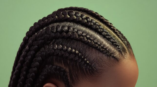 Stylish braided hairstyle with neat cornrows on a model against a plain green backdrop