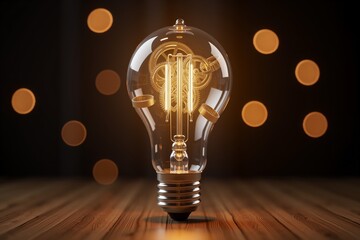 Golden lightbulb with internal gears, glowing against dark background with warm bokeh lights. Futuristic innovation concept.
