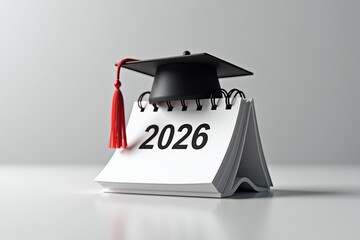 Graduation cap sits atop calendar marked "2026," symbolizing academic achievement and future aspirations in a minimalist setting.
