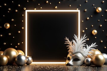 Golden balloons, mask, confetti beside white frame on black background. Festive luxury scene.