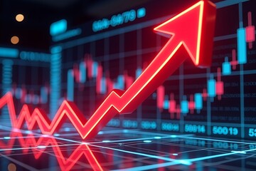 Neon red arrow surges upward on digital stock chart, symbolizing market growth and financial success against dark background.
