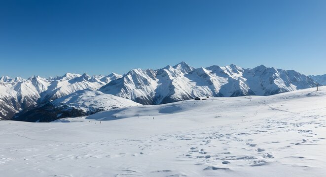 Panoramic Winter Alps Landscape SnowCapped Peaks Vast Ski Slope and Remote Mountain Hut.