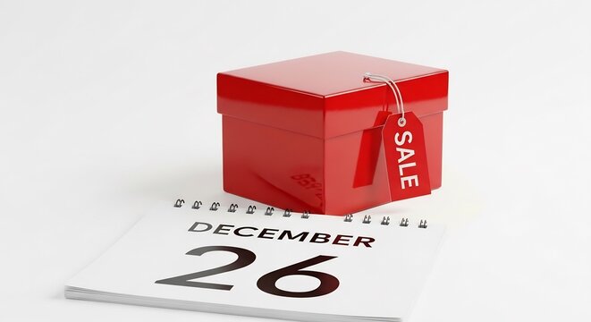Holiday shopping clearance event symbolized by a red gift box with a sale tag and a desk calendar showing the date December 26