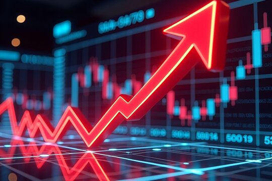 Neon red arrow surges upward on digital stock chart, symbolizing market growth and financial success against dark background.