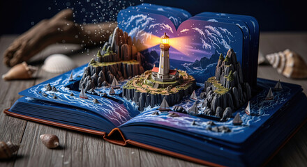 Lighthouse on an island pops out of an open book with sail boats.. A whimsical illustration with fantasy and imagination.. Book lover, magical realism, adventure awaits.