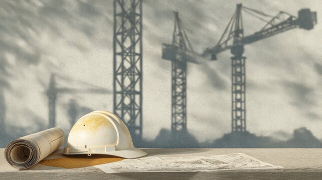 Construction site plans, helmet, cranes, shadows, industrial vibe