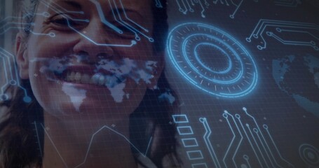 Smiling woman wearing light blouse interacting with AR display at lab, world map HUD, copy space