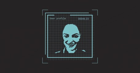 Displaying pixel-art cyan portrait with collared top centered in UI, showing User profile 00046
