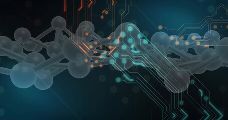 Displaying glass nodes forming molecular chain in deep teal space, with neon circuit traces © vectorfusionart