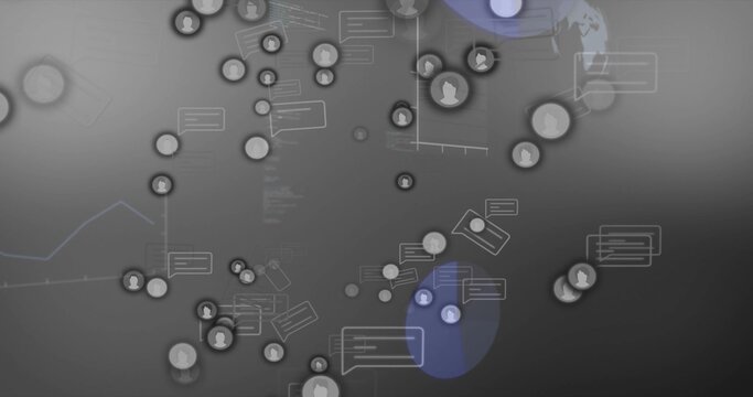 Displaying clustered user avatar nodes on dark gray canvas, showing chat bubbles and blue glows - Powered by Adobe
