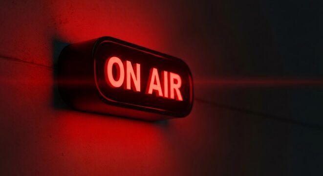 Red on air light sign illuminating a dark broadcast studio or recording room wall. Concept of live journalism and radio interview.