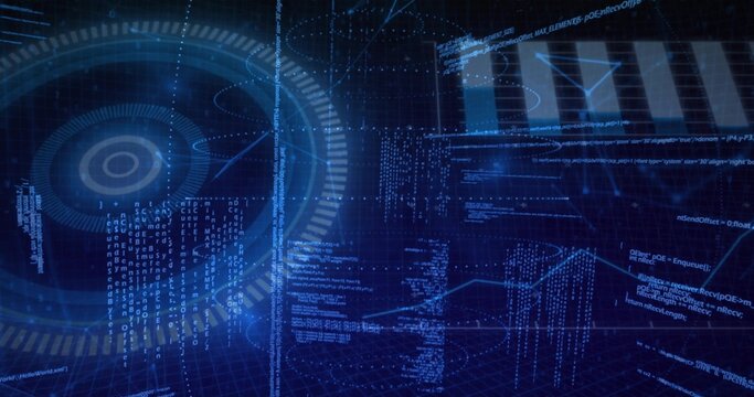 Displaying holographic circular HUD rotating in virtual data space, showing code streams and charts